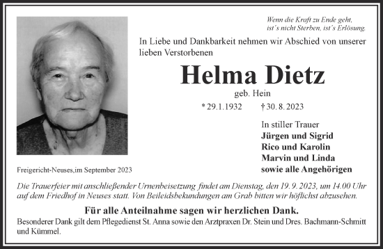 Traueranzeige von Helma Dietz von Mittelhessen-Bote