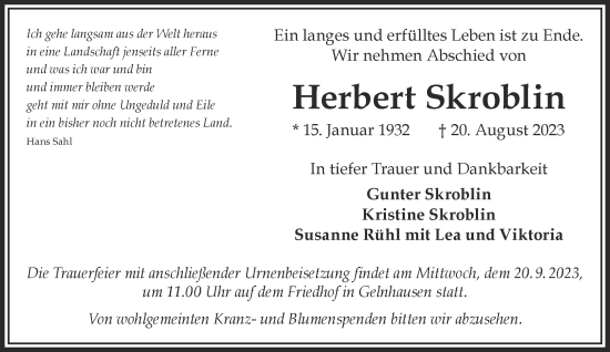 Traueranzeige von Herbert Skroblin von Gelnhäuser Neue Zeitung