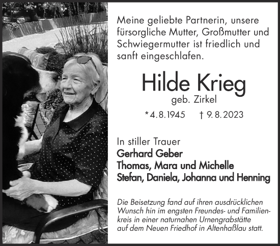 Traueranzeige von Hilde Krieg von Gelnhäuser Neue Zeitung