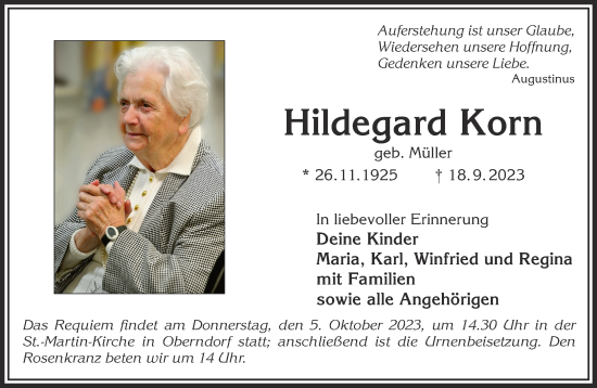 Traueranzeige von Hildegard Korn von Gelnhäuser Neue Zeitung