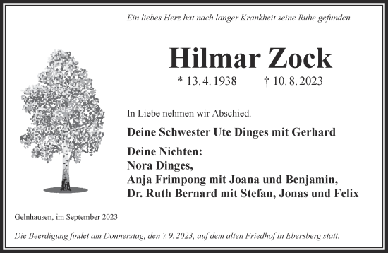 Traueranzeige von Hilmar Zock von Gelnhäuser Neue Zeitung