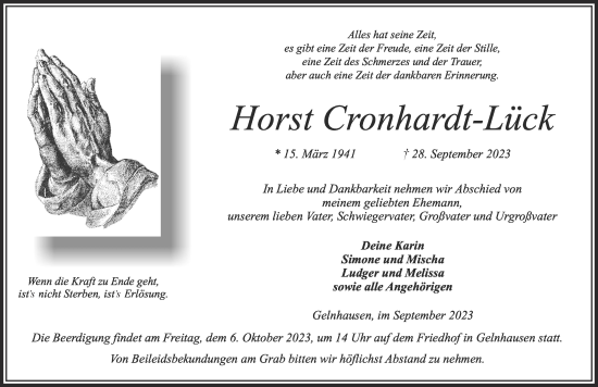 Traueranzeige von Horst Cronhardt-Lück von Gelnhäuser Neue Zeitung