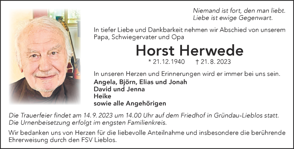  Traueranzeige für Horst Herwede vom 09.09.2023 aus Mittelhessen-Bote