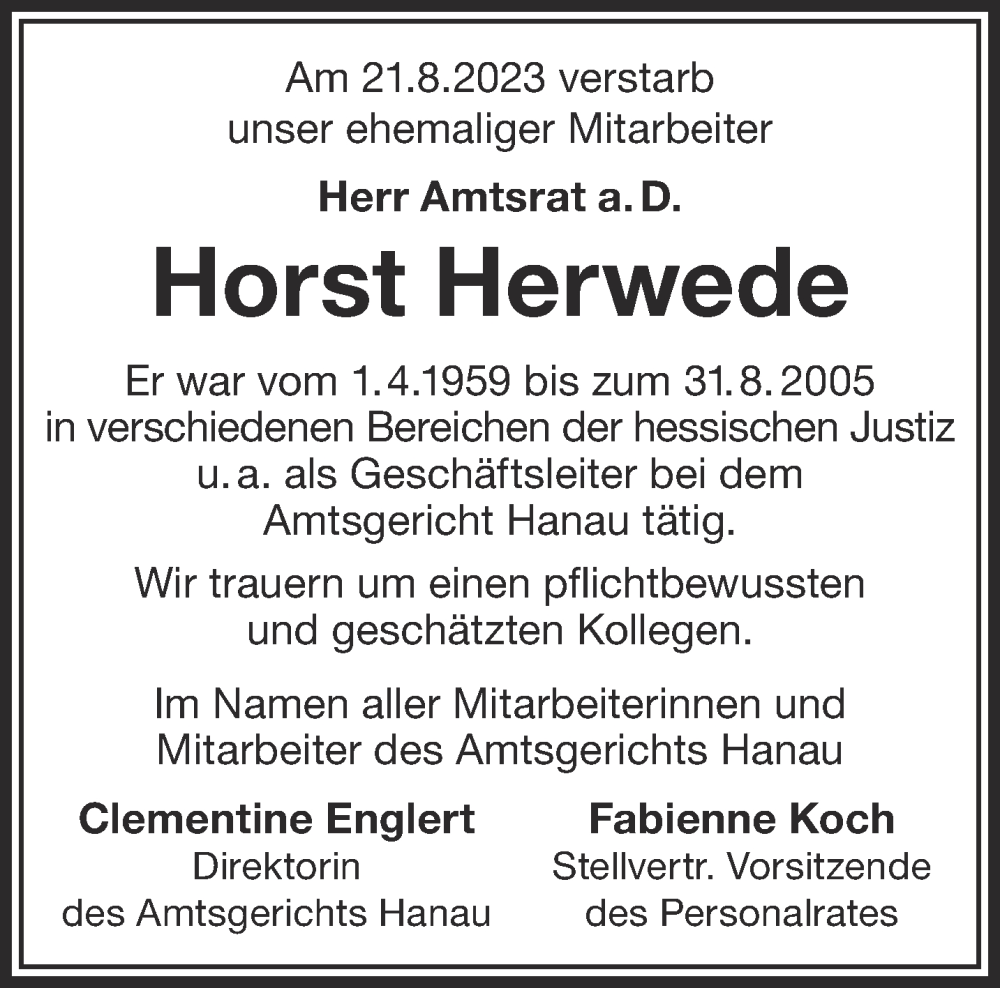  Traueranzeige für Horst Herwede vom 09.09.2023 aus Gelnhäuser Neue Zeitung