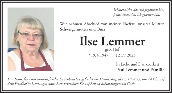 Traueranzeige von Ilse Lemmer von Mittelhessen-Bote