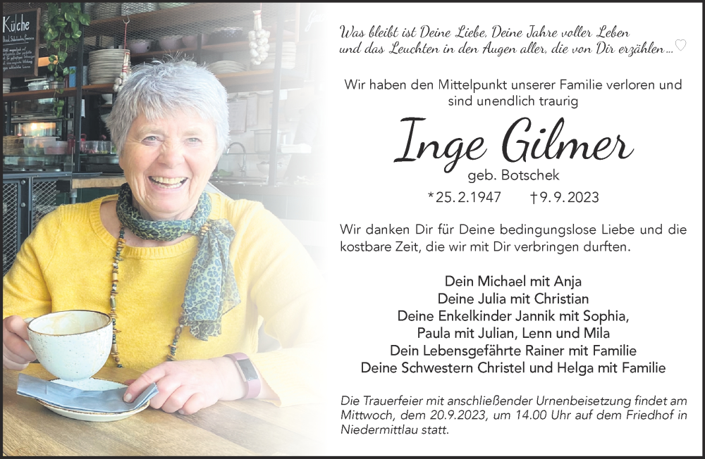 Traueranzeige für Inge Gilmer vom 16.09.2023 aus Gelnhäuser Neue Zeitung