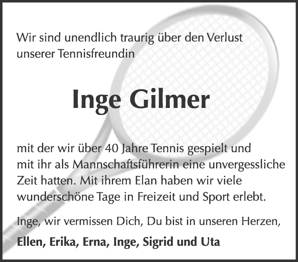  Traueranzeige für Inge Gilmer vom 16.09.2023 aus Gelnhäuser Neue Zeitung