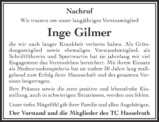 Traueranzeige von Inge Gilmer von Gelnhäuser Neue Zeitung