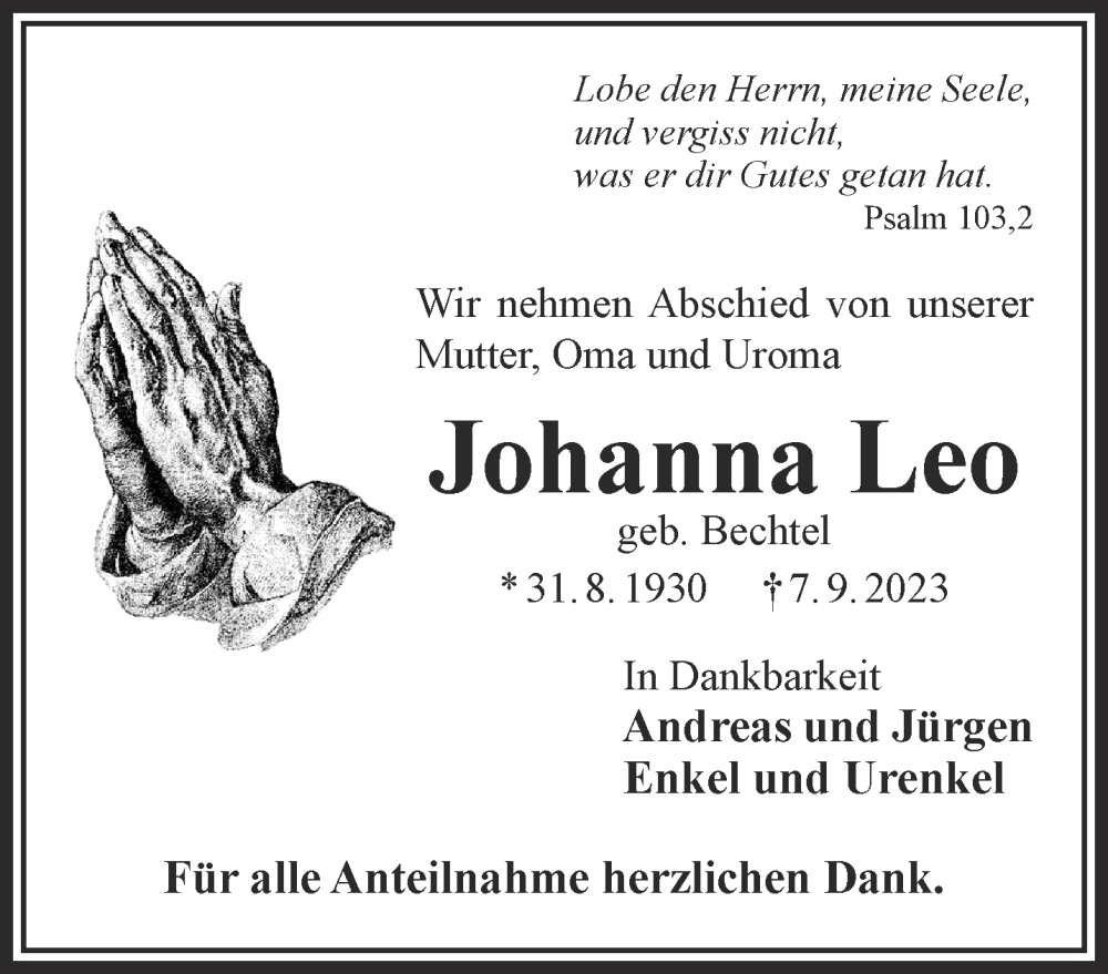  Traueranzeige für Johanna Leo vom 16.09.2023 aus Mittelhessen-Bote