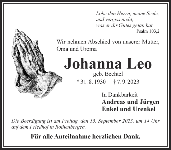 Traueranzeige von Johanna Leo Leo von Gelnhäuser Neue Zeitung