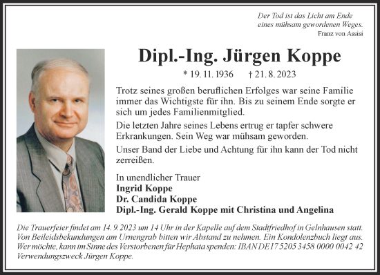 Traueranzeige von Jürgen Koppe von Gelnhäuser Neue Zeitung