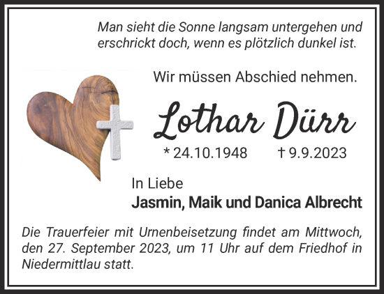 Traueranzeige von Lothar Dürr von Gelnhäuser Neue Zeitung