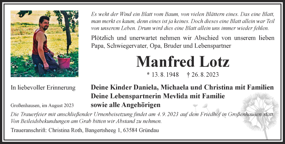  Traueranzeige für Manfred Lotz vom 02.09.2023 aus Gelnhäuser Neue Zeitung