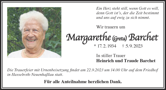 Traueranzeige von Margarethe Barchet von Gelnhäuser Neue Zeitung