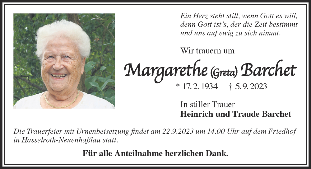  Traueranzeige für Margarethe Barchet vom 16.09.2023 aus Gelnhäuser Neue Zeitung