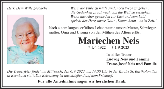 Traueranzeige von Mariechen Neis von Gelnhäuser Neue Zeitung