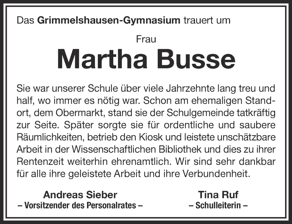  Traueranzeige für Martha Busse vom 30.09.2023 aus Gelnhäuser Neue Zeitung