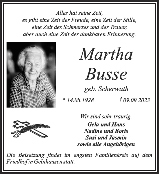 Traueranzeige von Martha Busse von Gelnhäuser Neue Zeitung