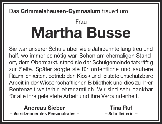 Traueranzeige von Martha Busse von Gelnhäuser Neue Zeitung