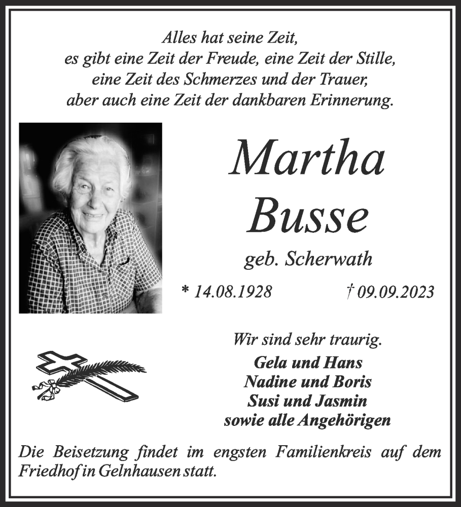  Traueranzeige für Martha Busse vom 16.09.2023 aus Mittelhessen-Bote