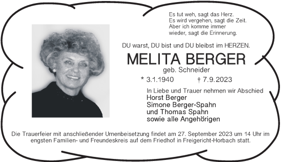 Traueranzeige von Melita Berger von Gelnhäuser Neue Zeitung