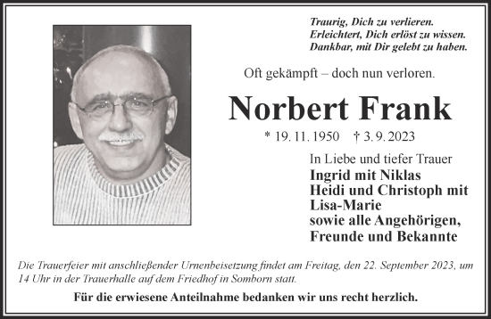 Traueranzeige von Norbert Frank von Gelnhäuser Neue Zeitung