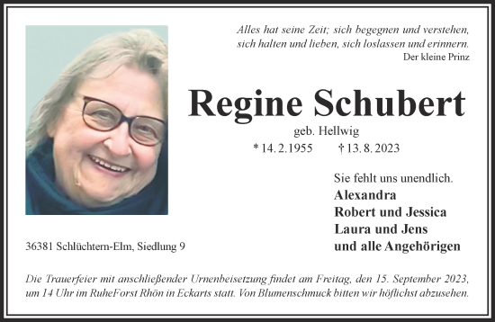 Traueranzeige von Regine Schubert von Gelnhäuser Neue Zeitung