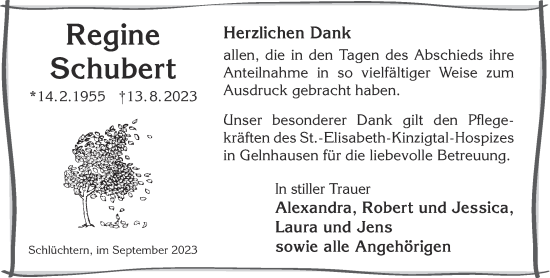 Traueranzeige von Regine Schubert von Gelnhäuser Neue Zeitung