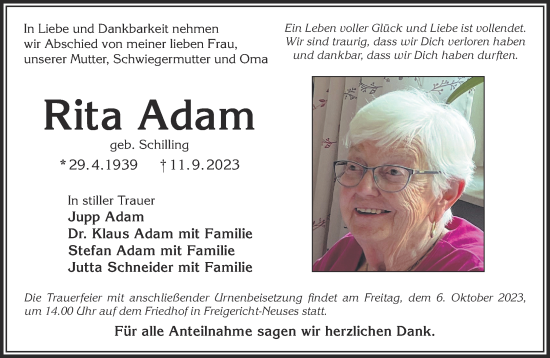 Traueranzeige von Rita Adam von Mittelhessen-Bote