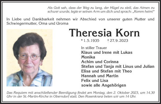 Traueranzeige von Theresia Korn von Gelnhäuser Neue Zeitung