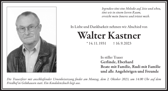 Traueranzeige von Walter Kastner von Gelnhäuser Neue Zeitung