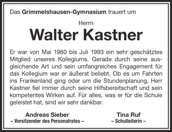 Traueranzeige von Walter Kastner von Gelnhäuser Neue Zeitung