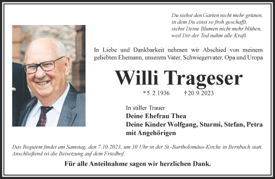 Traueranzeige von Willi Trageser von Gelnhäuser Neue Zeitung