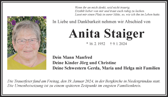 Traueranzeige von Anita Staiger von Mittelhessen-Bote