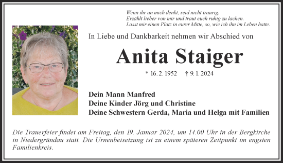 Traueranzeige von Anita Staiger von Gelnhäuser Neue Zeitung