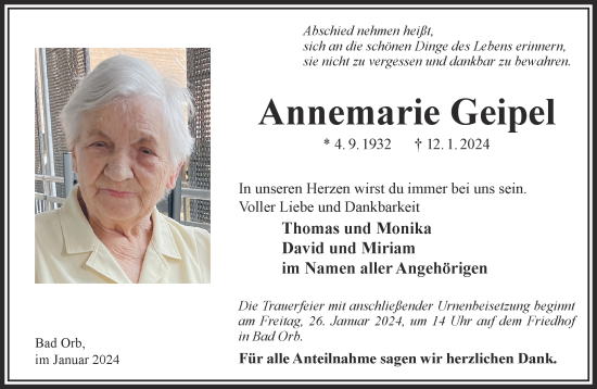 Traueranzeige von Annemarie Geipel von Gelnhäuser Neue Zeitung