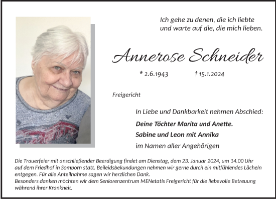 Traueranzeige von Annerose Schneider von Gelnhäuser Neue Zeitung