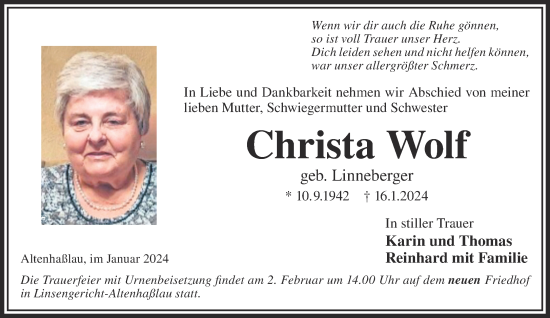 Traueranzeige von Christa Wolf von Mittelhessen-Bote