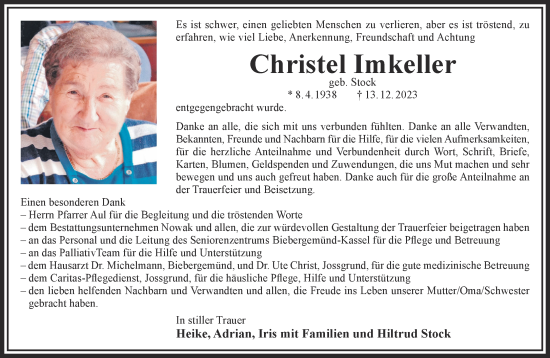 Traueranzeige von Christel Imkeller von Gelnhäuser Neue Zeitung