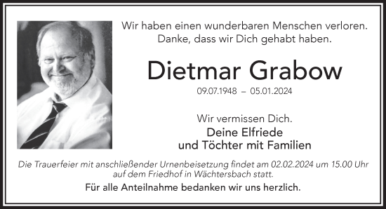 Traueranzeige von Dietmar Grabow von Gelnhäuser Neue Zeitung