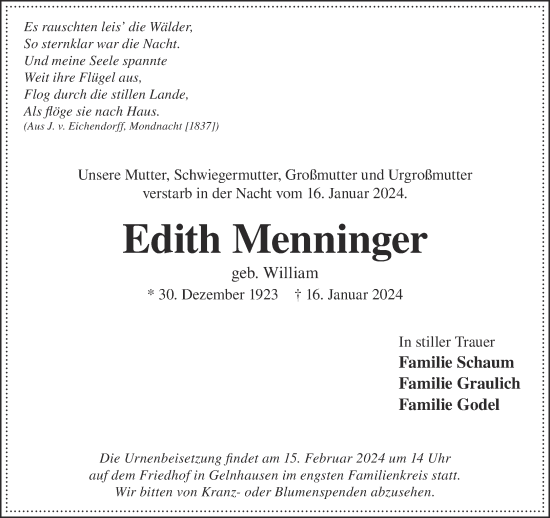 Traueranzeige von Edith Menninger von Gelnhäuser Neue Zeitung