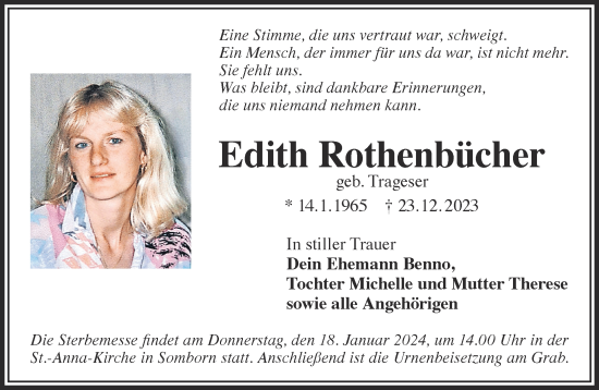 Traueranzeige von Edith Rothenbücher von Gelnhäuser Neue Zeitung