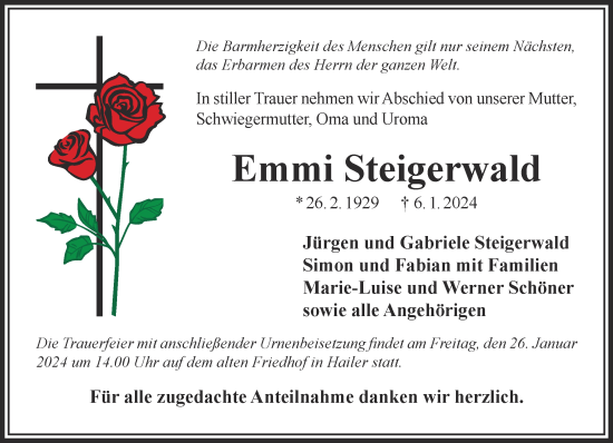 Traueranzeige von Emmi Steigerwald von Gelnhäuser Neue Zeitung