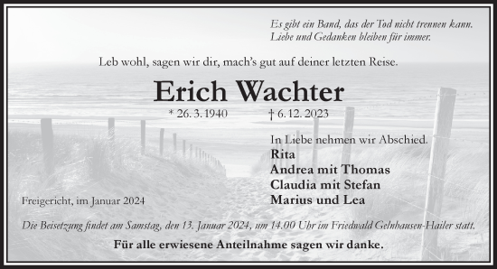 Traueranzeige von Erich Wachter von Gelnhäuser Neue Zeitung