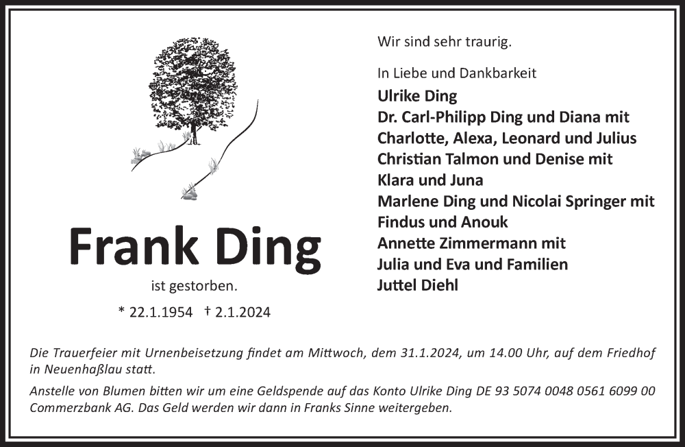  Traueranzeige für Frank Ding vom 06.01.2024 aus Gelnhäuser Neue Zeitung