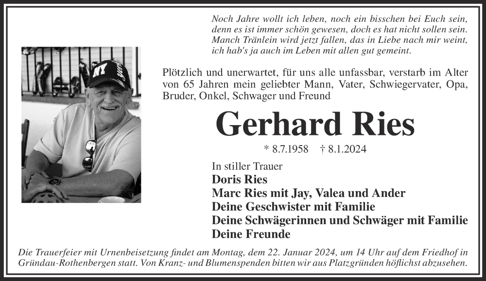  Traueranzeige für Gerhard Ries vom 17.01.2024 aus Gelnhäuser Neue Zeitung