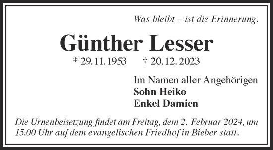 Traueranzeige von Günther Lesser von Gelnhäuser Neue Zeitung