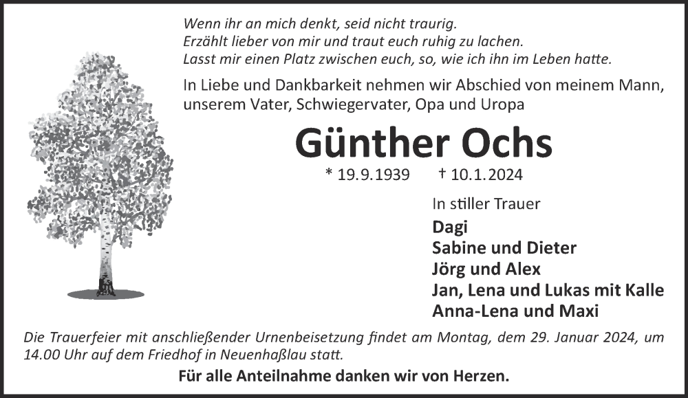  Traueranzeige für Günther Ochs vom 20.01.2024 aus Gelnhäuser Neue Zeitung