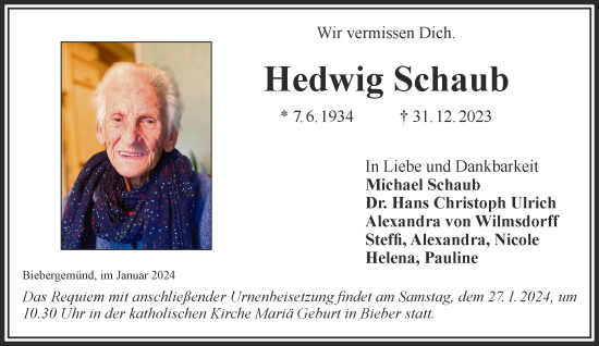 Traueranzeige von Hedwig Schaub von Gelnhäuser Neue Zeitung