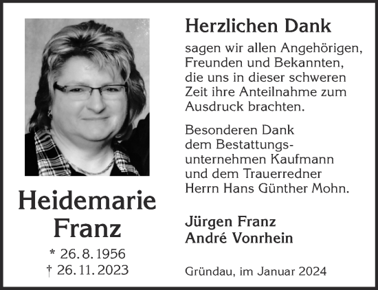 Traueranzeige von Heidemarie Franz von Gelnhäuser Neue Zeitung